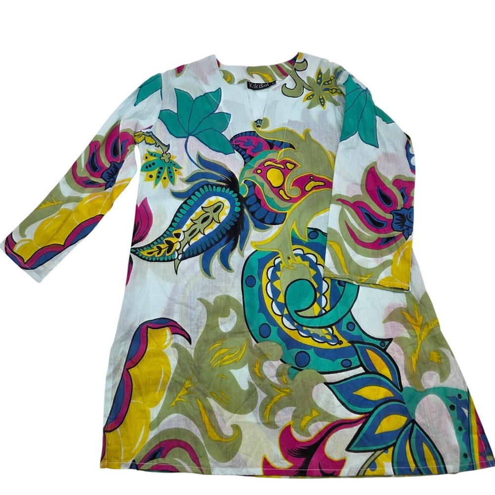 KikiSol‎ Tunic Beach Top Womens Multicolor Paisley Floral Cotton Vacation Resort